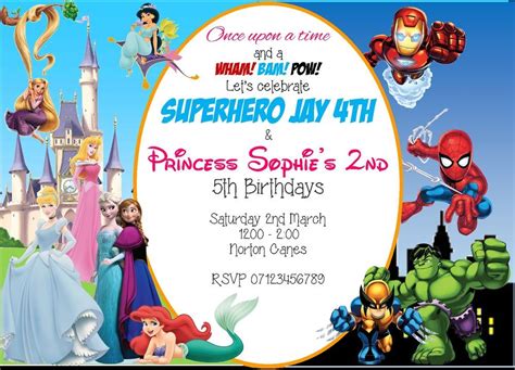 Personalised Princess And Super Hero Party Invitation Home Furniture