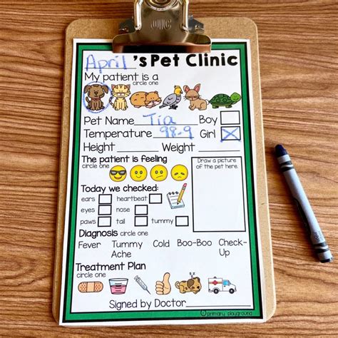 Dramatic Play Pet Vet Clinic Patient Form Primary Playground