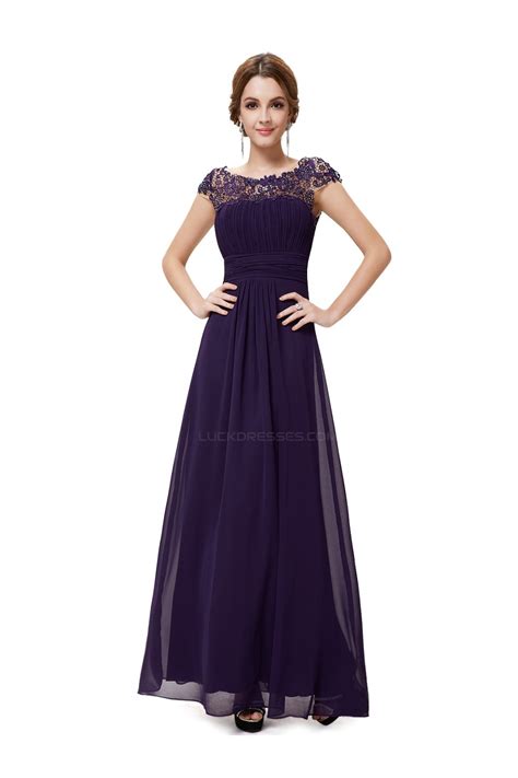 A Line Cap Sleeve Long Purple Chiffon Bridesmaid Dressesevening