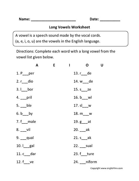 Long Vowels Worksheet First Grade
