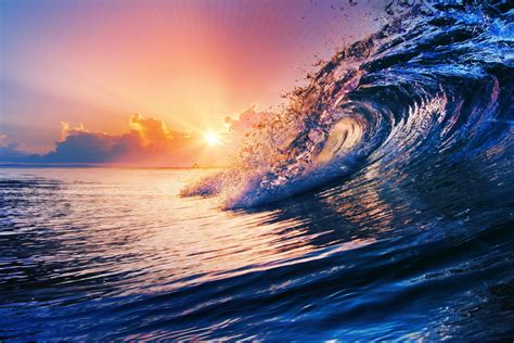 ocean wave blue sea sky splash water sunset HD wallpaper