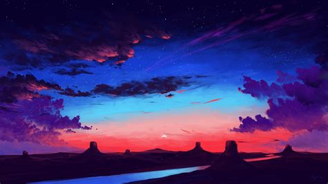 Wallpaper Bisbiswas Digital Art Sunset Clouds River Rocks Stars