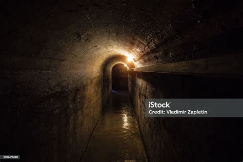 Dark Corridor Of Old Underground Soviet Bunker Under Military Artillery