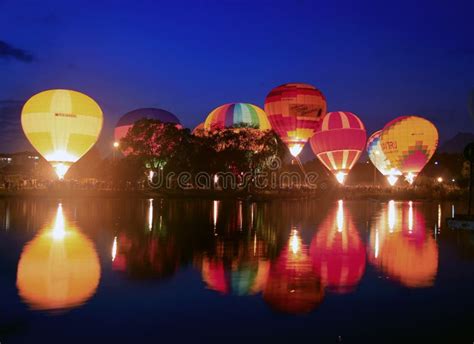 Hot Air Balloon Over Evening Summer Lake Editorial Photo Image Of
