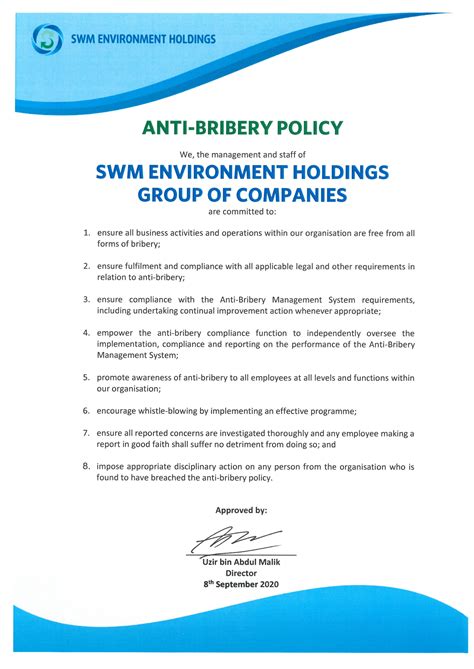 Malaysia is all known to us today as one of the most prime developing countries among all asian countries around the world. Anti-Bribery Policy - SWM Environment Sdn Bhd