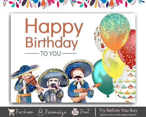 Mariachi Birthday Card Birthday Card Editable Mariachi Etsy