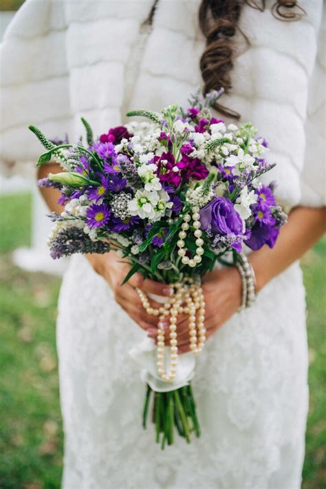 Purple Wildflower Bridal Bouquet With Pearls