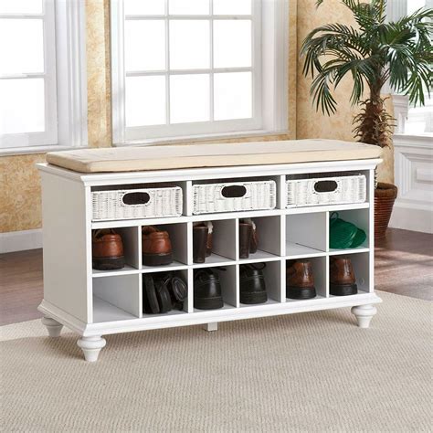 Entryway Shoe Storage Bench 3 Baskets Drawers White