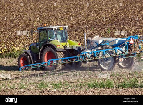 Tractor Claas Spraying Crops Field Czech Republic Farmer Stock Photo