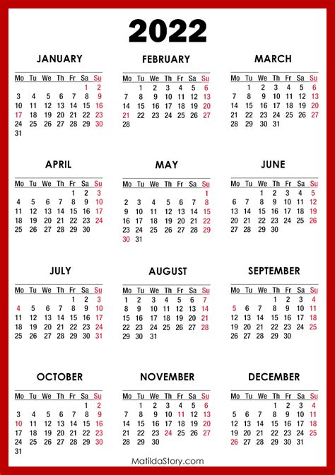 2022 Calendar With Holidays Printable Free Red Monday Start
