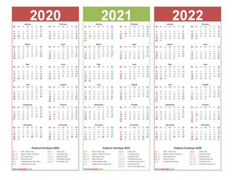 Three Year 2020 To 2022 Calendar Printable Word Pdf