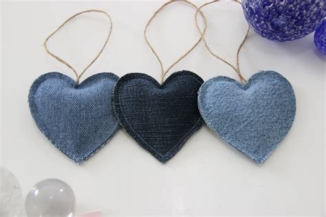3 Stuffed Denim Hearts Heart Ornament Valentines Day Decor Etsy