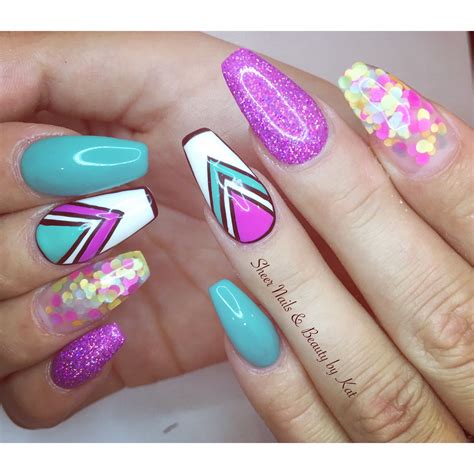 Bright And Colourful Prohesion Sculpted Acrylics With Encapsulated Dots And Freehand Nail Art