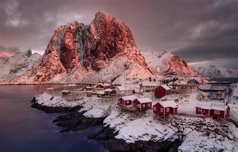 Wallpaper Winter Snow Mountains Clouds Norway Bay Houses Pure