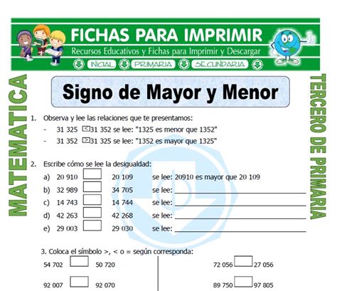 Signo De Mayor Y Menor Para Tercero De Primaria Fichas Para Imprimir