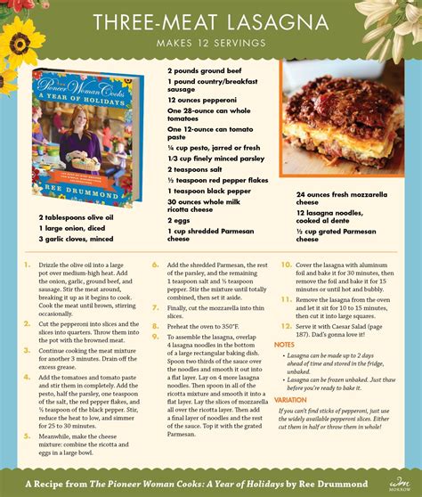 Jul 27, 2021 · sunday dinners are often the most memorable of the week. Recipe: Three-Meat Lasagna By Ree Drummond, the Pioneer ...