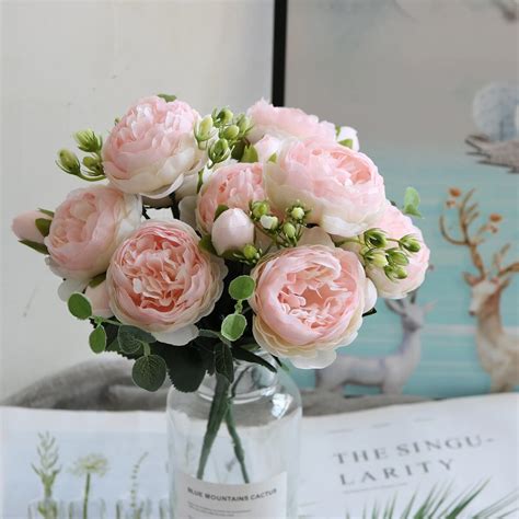 30cm rose pink silk peony artificial flowers bouquet 5 big head and 4 bud cheap fake flowers for