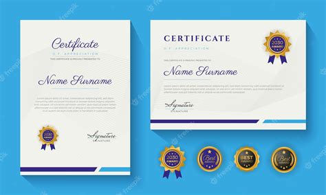Plantilla De Certificado De Logro Azul Con Insignia De Oro Vector Premium