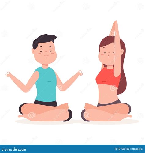 Yoga Couple Doing Exercises In Different Poses Vector Cartoon Character