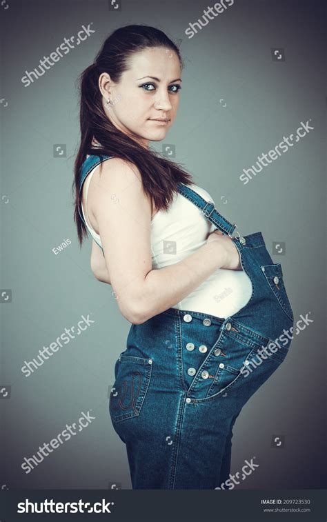 Pregnant Beautiful Girl Denim Overalls Pregnant Stock Photo
