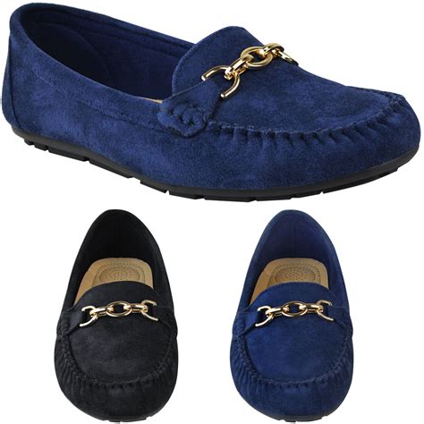 Womens Girls Black Flat Loafers Shoes Driving Moccasin Pumps School