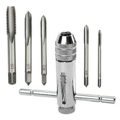Adjustable Silver T Handle Ratchet Tap Holder Wrench With 5pcs M3 M8