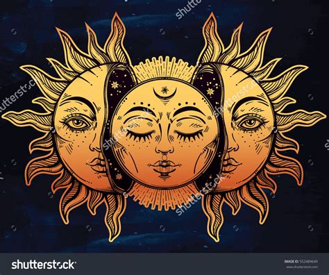 Beautiful Moon And Sun With Faces The Sun Is Broken In Half The Moon