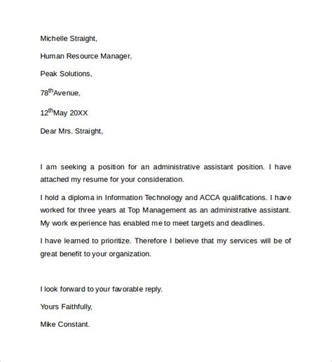 Use this example to build your own a perfect cover letter for an administrative job will highlight all your relevant skills and qualifications tailored to your administrative position. FREE 7+ Sample Administrative Assistant Cover Letter ...