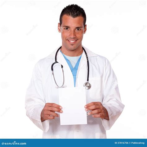Male Hispanic Doctor Holding A Blank Card Stock Photo Image Of
