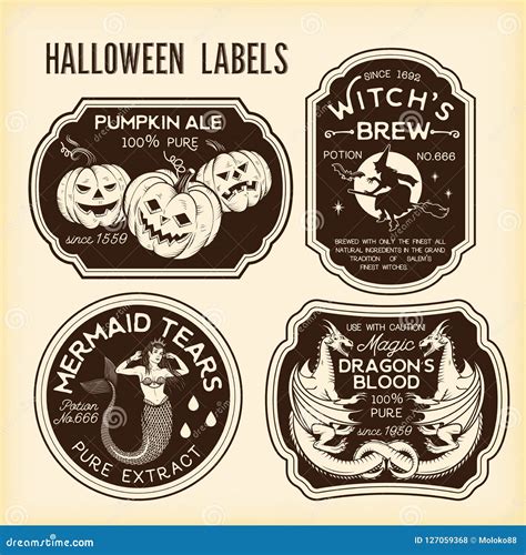 Halloween Bottle Labels Potion Labels With Monsters Cartoon Vector