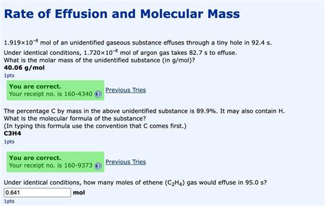 Solved Rate Of Effusion And Molecular Mass 1919x10 4 Mol Of