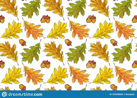 Oak Leaves And Acorns Watercolor Seamless Pattern Oak Foliage In