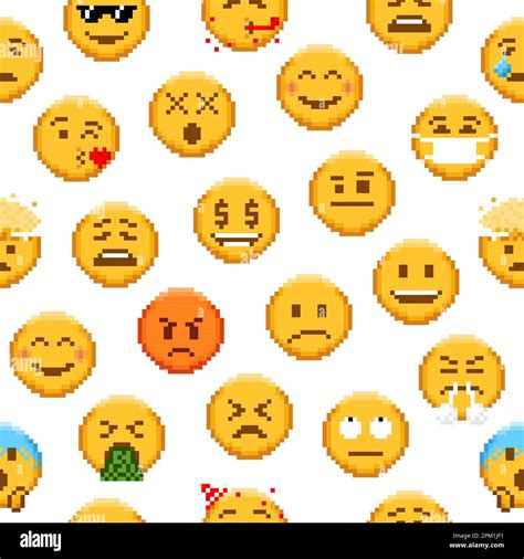 Pixel Emoji Seamless Pattern With 8 Bit Video Game Emoticons Vector