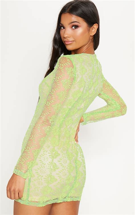 Neon Green Sequin Mesh Long Sleeve Bodycon Dress Prettylittlething