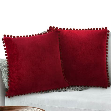 pavilia burgundy red throw pillow covers 20x20 set of 2 pom pom decorative velvet cushion