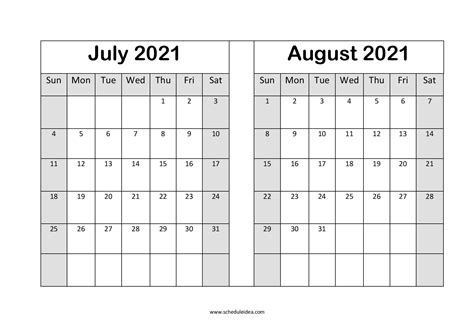 Use our free printable august 2021 calendars to help you stay organized and focused this month. July and August 2021 Printable Calendar (2 Months) Template