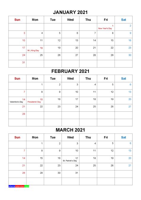 Printable January February March 2021 Calendar Template Word Pdf