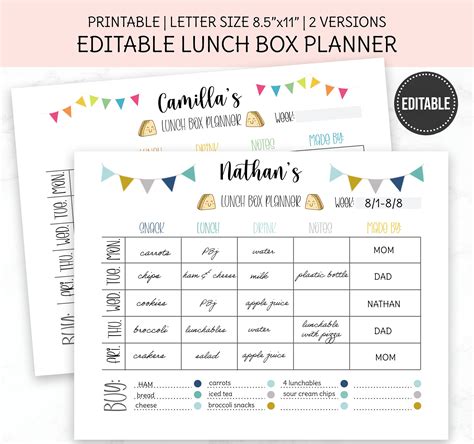 Lunch Box Planner Template Printable Lunch Box Meal Planner Etsy España