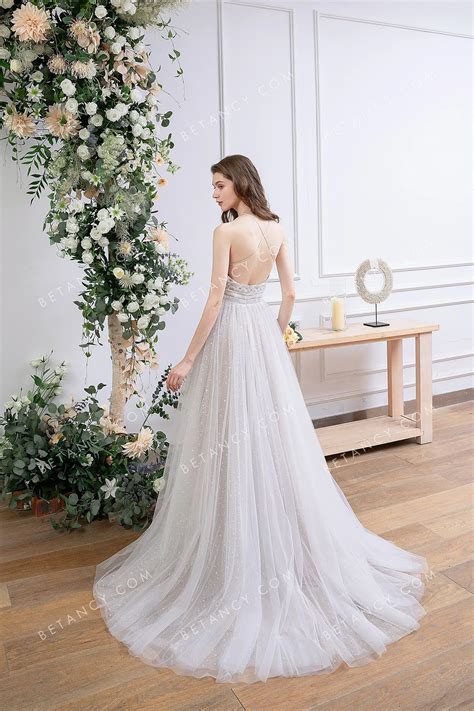 oyster lace and star like tulle sexy boho wedding dress betancy