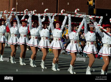 Band Of Majorettes Marching During A Christmas Parade Stock Photo Alamy