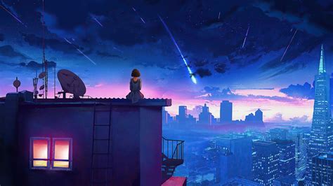 晚上 坐在屋顶的女孩 背影 星空 流星 唯美 动漫 高清壁纸 4kpixstock 源像素