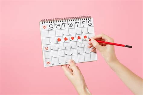 Close Up Female Holds In Hand Red Pencil Female Periods Calendar For