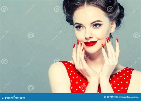 Pin Up Woman Portrait Beautiful Retro Female In Polka Dot Dress With