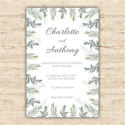 Send them out to your guests and they're sure to bring a smile to every lucky recipient. Watercolor wedding invitation template with green leaves ...
