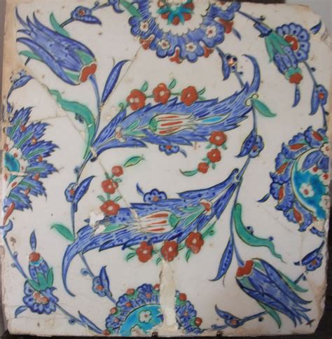 Th Th Century Iznik Tile Showing Stylized Tulips Saf Leaves And