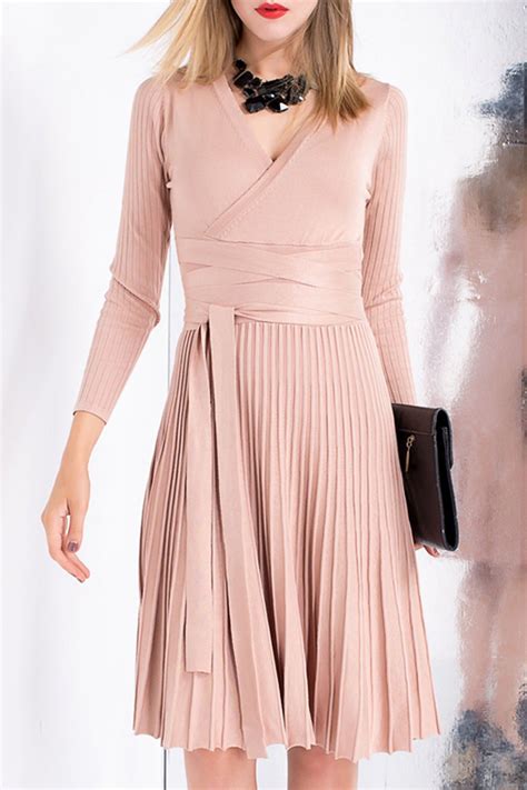 72 Off V Neck Pleated Knit Jersey Long Sleeve Dress Rosegal