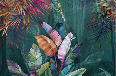 Hand Painted Tropical Plants Palm Wallpaper Huge Leaf With A Bird Wall