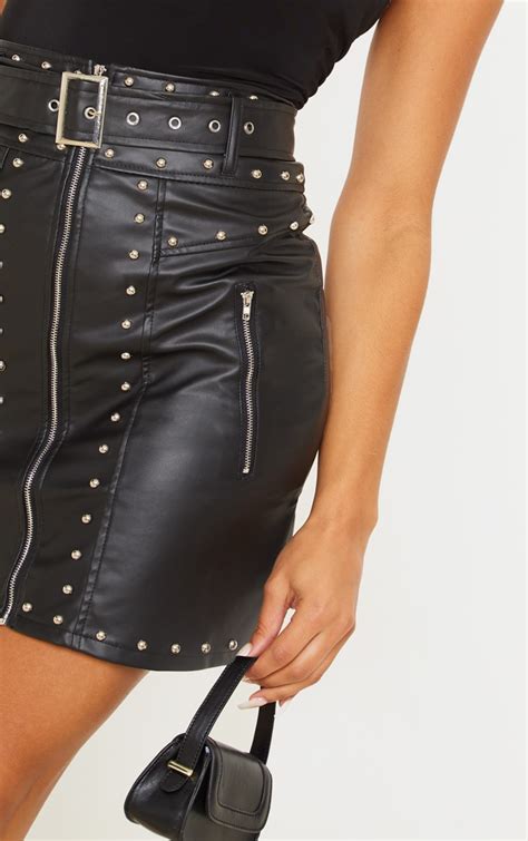 Black Faux Leather Stud Detail Belted Mini Skirt Skirts