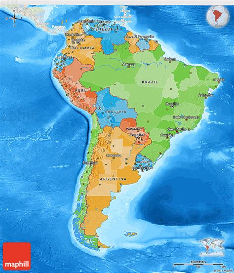 Political 3d Map Of South America Lighten Land Only