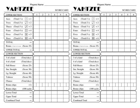 Yahtzee Card Yahtzee Score Sheets Yahtzee Score Card